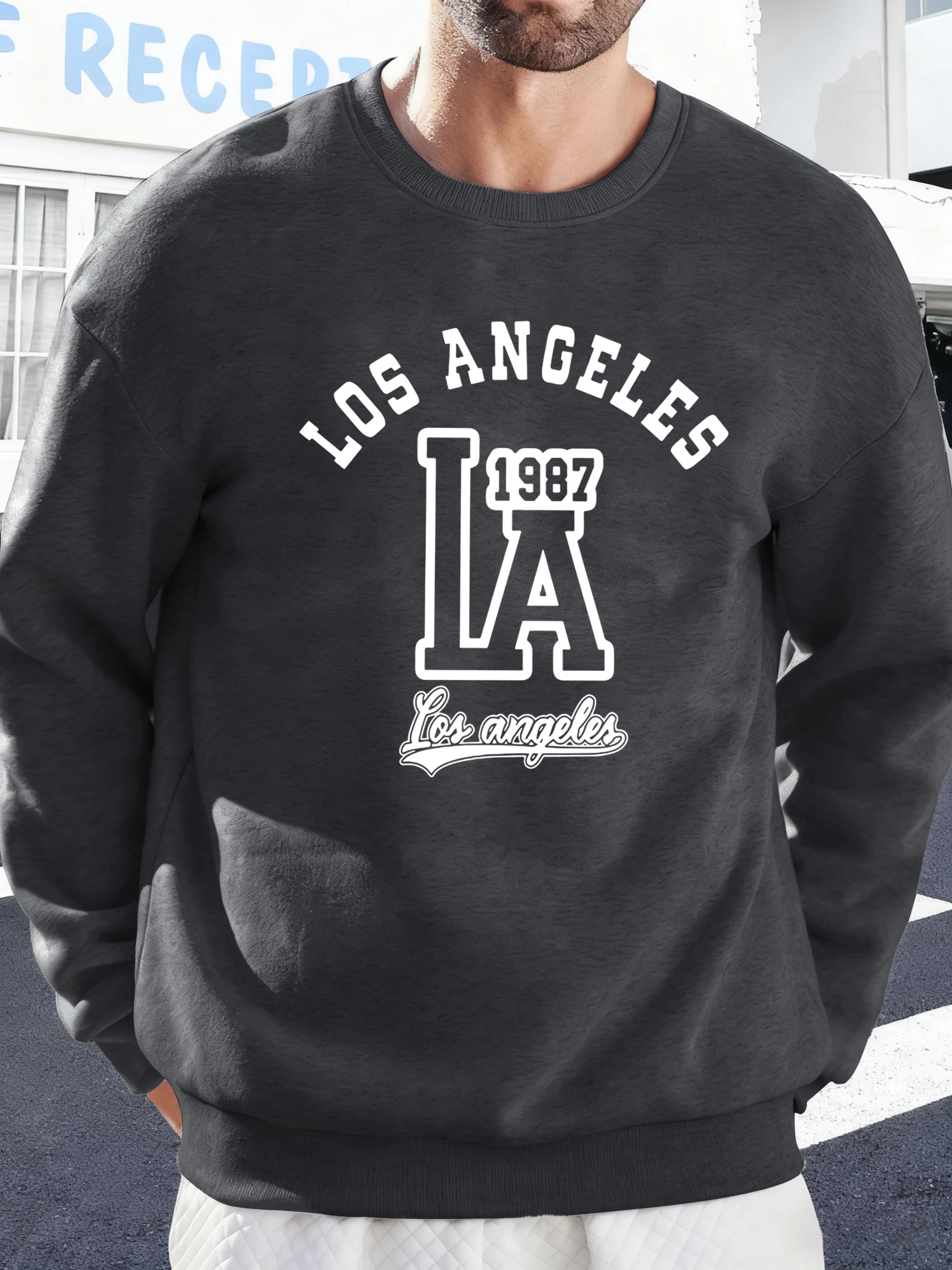 Los Angeles Letter Pattern Street Vintage Sweatshirt Herren Fleece Sportswear Rundhalsausschnitt Bequemer Pullover Herbst All-Match Hoodie