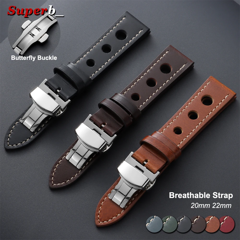 Bracelet de montre en cuir de vachette vintage 20mm 22mm, respirant, élégant, avec fermoir papillon, unisexe, souple, noir et marron
