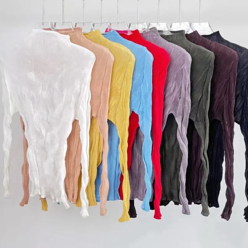 

Плиссированная женская плетеная футболка Miyake, новинка 2026, топ с высоким воротником, тонкая модная рубашка со сто нижней частью, легкая полупрозрачная