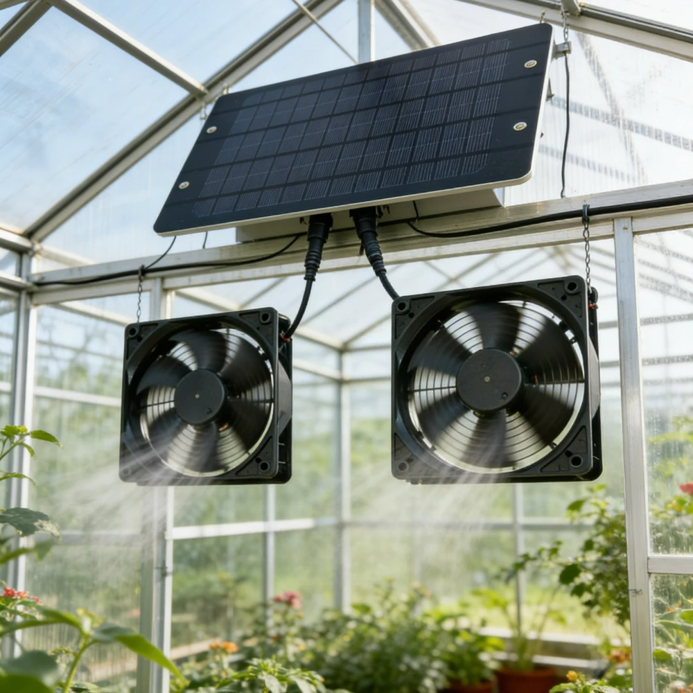 10W 12V Solarbetriebener Abluftventilator mit Doppellüftern und Solarpanel für Gewächshaus, Hühnerstall, Wohnmobil, Tierhaus, Hundehütte, Camping