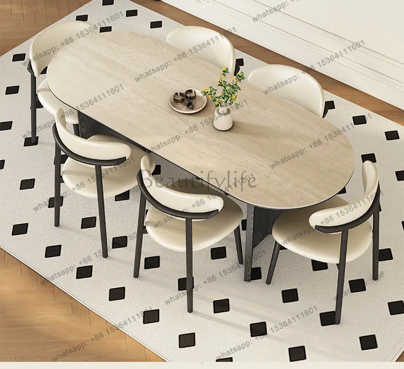 

Travertine rock slab dining table oval solid wood dining table retro French modern simple