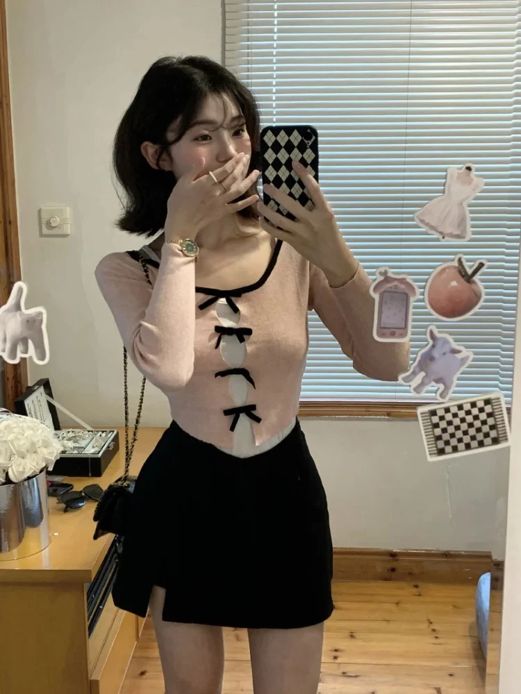 

2026 New Autumn Bow Tees Knitted Pullover Fake Two Pieces Chic Long Sleeve Sweet Pull Femme Korean Y2k O Neck Hollow Out Tops
