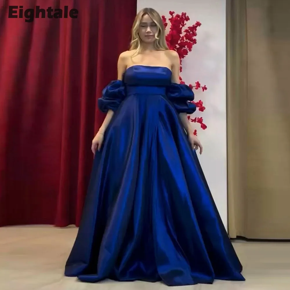 

Eightale Blue Evening Dresses Short Sleeves A-Line Side Split Prom Wedding Party Gown Satin Robes De Soirée