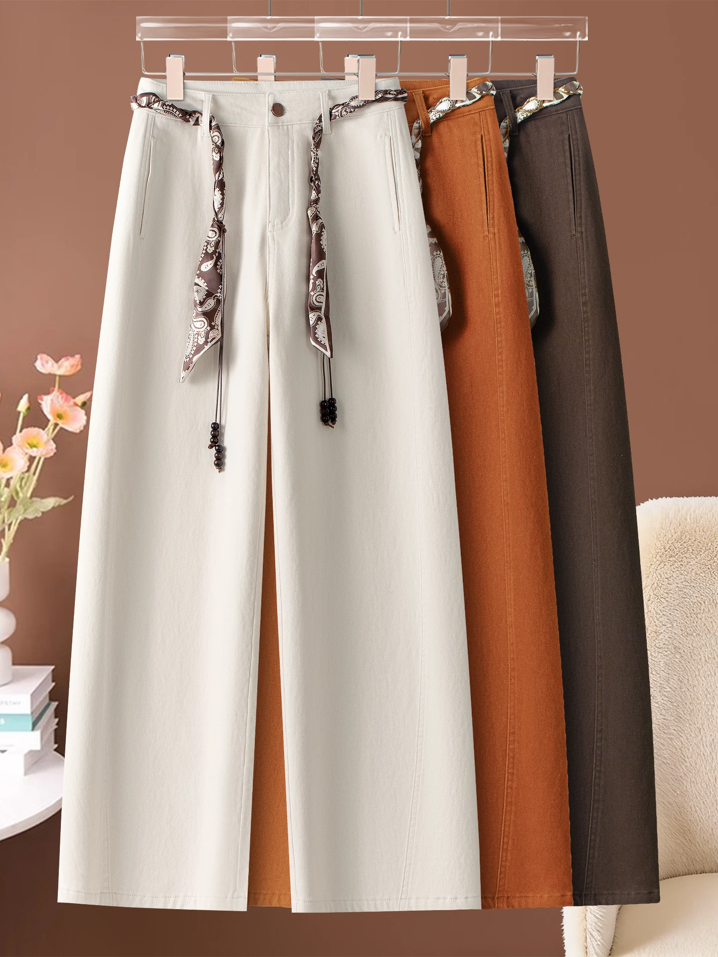 

Джинсы с высокой талией и широкими штанинами, женские свободные повседневные брюки, весна-осень, новый стиль, элегантные, из смесовой ткани хлопок-ликра.