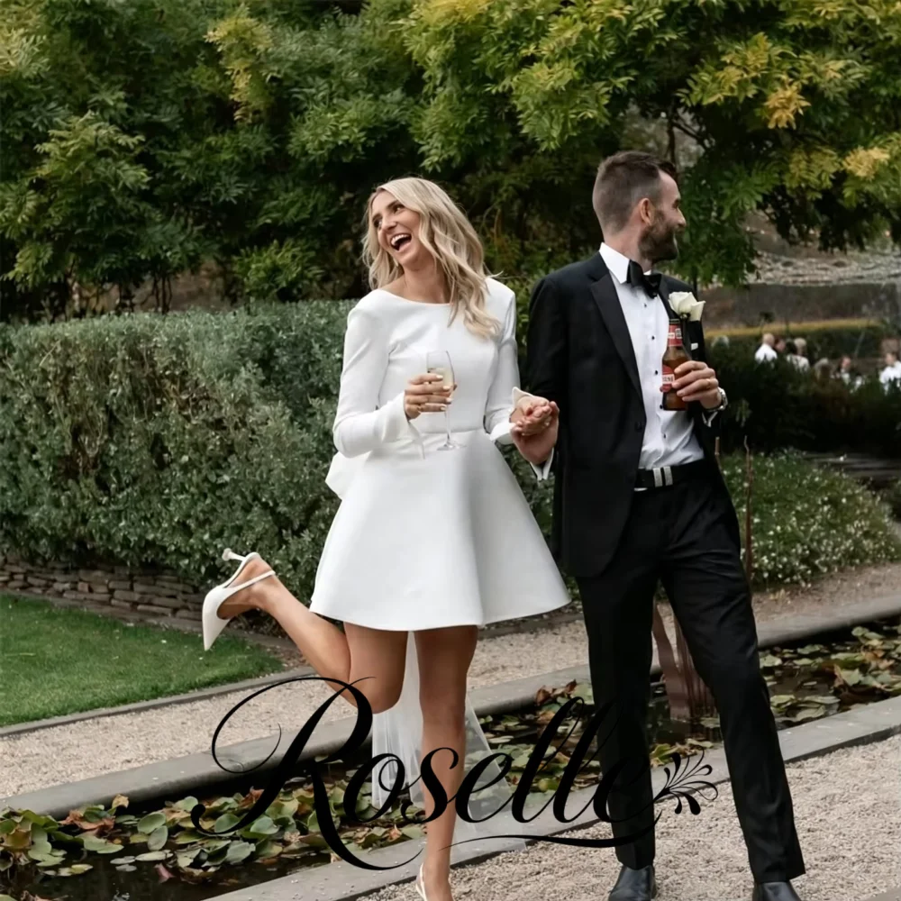 Long Sleeves Satin mini Wedding Dress Deep V Back Bridal Gown with Tulle Veil Elegant Civil Marriage White Party Dress for Wome