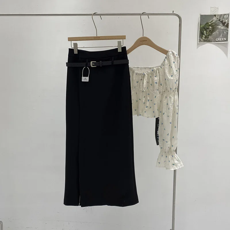 Black Asymmetrical Straight Cut Women's Skirt Commute Friendly Slimming Suit Style Mid-Length High Waist Spring 2024
