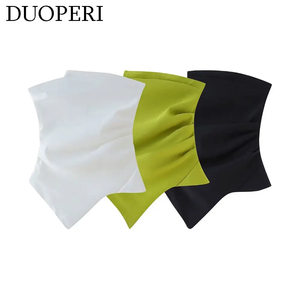 DUOPERI Women Y2K Solid Pleated Asymmetrical Tank Offshoulder Strapless Female Chic Lady Casual Tops