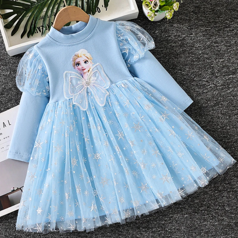 Disney Girls Dress Long-sleeved Frozen Princess Dress for Children Blue Pink Kids Dress Elsa Anna Birthday Party Clothes