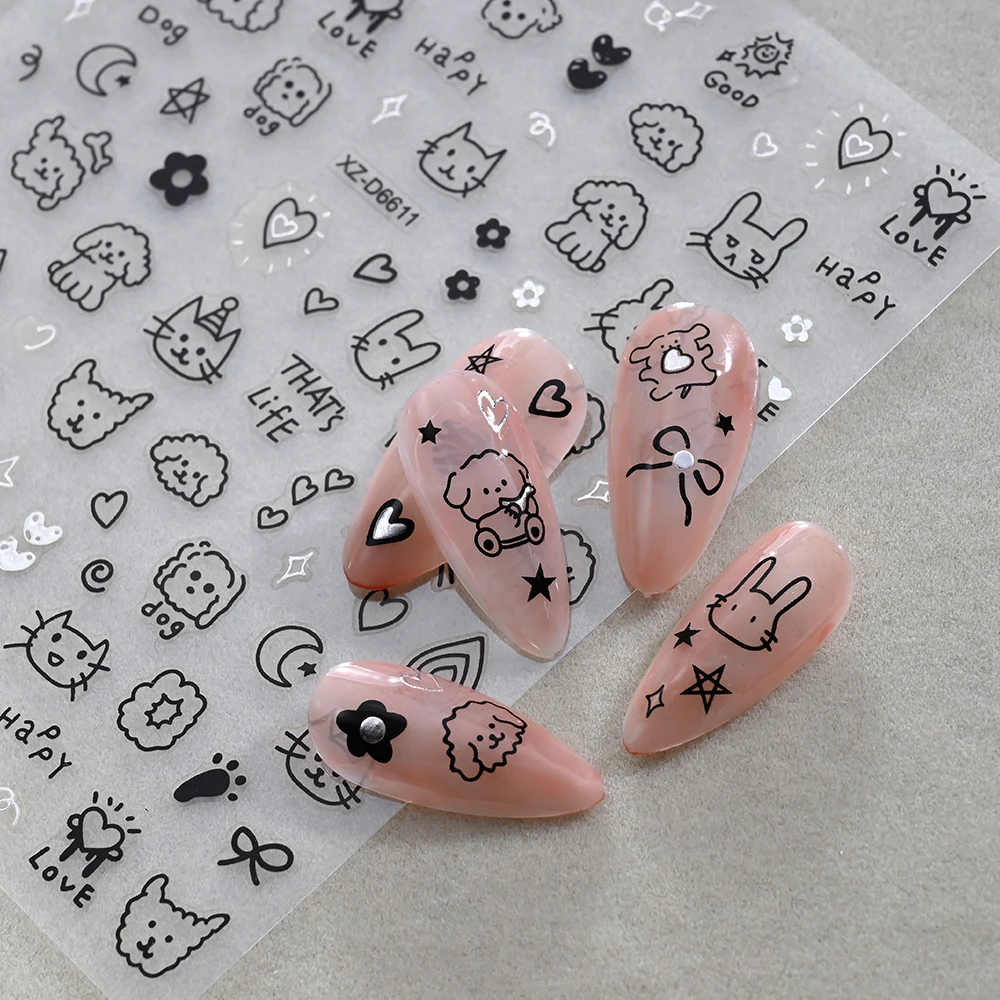 12 fogli Cartoon Black Cat Adesivi per unghie Set Azione multipla Kawaii Cucciolo Gattino Nail Art Decalcomanie Adesivo Bambini Manicure Decoratio