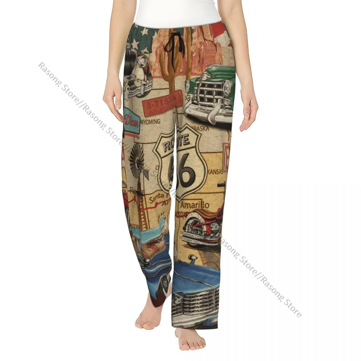 

Cozy Flannel Pajama Pants for Women Vintage Route 66 Poster Sleep Bottoms Home Loungewear