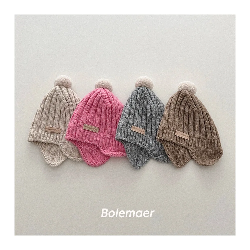 

Baby Knitted Hat Kids Warm Ear Protection Winter Solid Color Hoodie for Boys and Girls Caps Kids Accessories