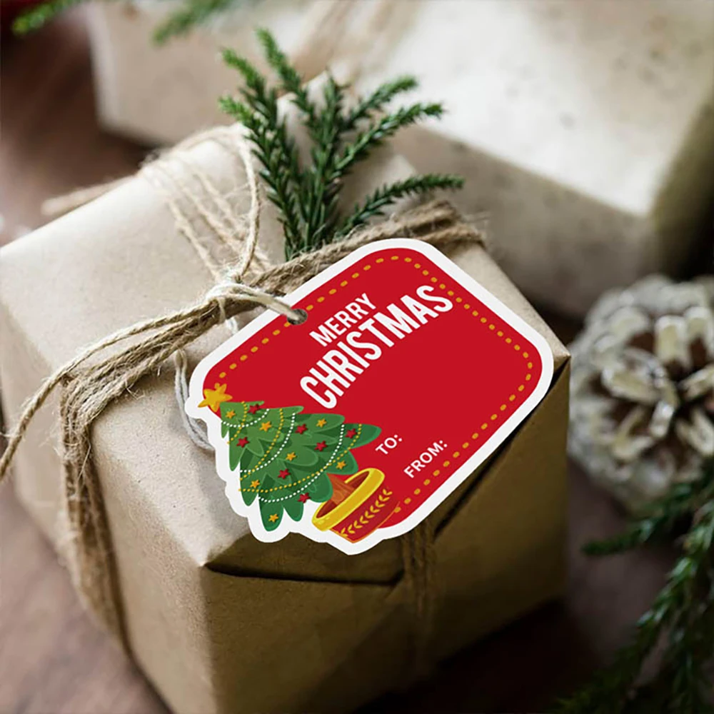 DIYメリークリスマスクラフトタグ、ギフト包装紙、santaClausハングタグ、クリスマスカード、パーティー用品、50個