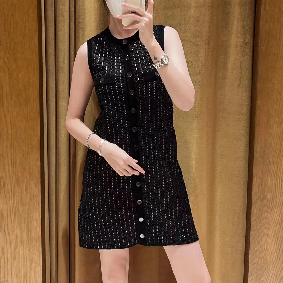 

Patchwork dress Vertical striped straight tube short sleeveless single breasted S home 24 autumn new style French temperament