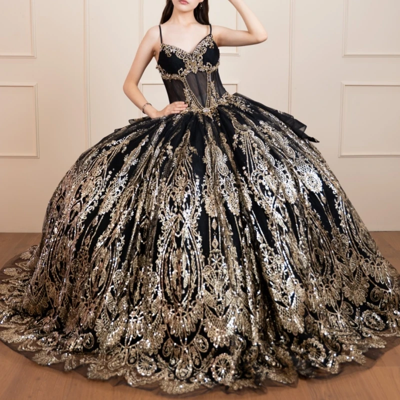 

Black Shiny Ball Gown Quinceanera Dresses Gold Applique Lace Beading Crystal Bow Tull Corset Off Shoulder Sweet 16 Dress vestido