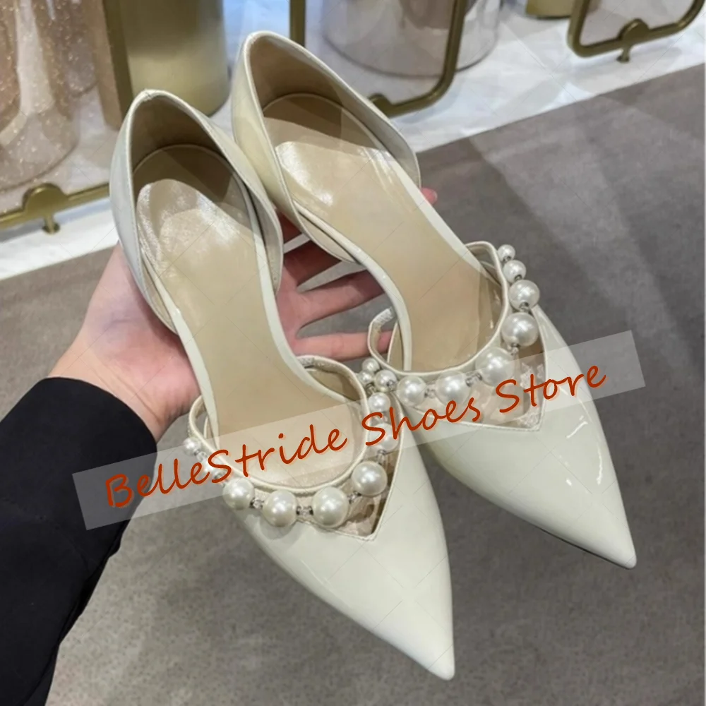

White Pointed Toe Pearl Decor Pumps Patent leather Women Shoes Thin High Heels Party Banquet Dating 2025 Zapatos Para Mujere