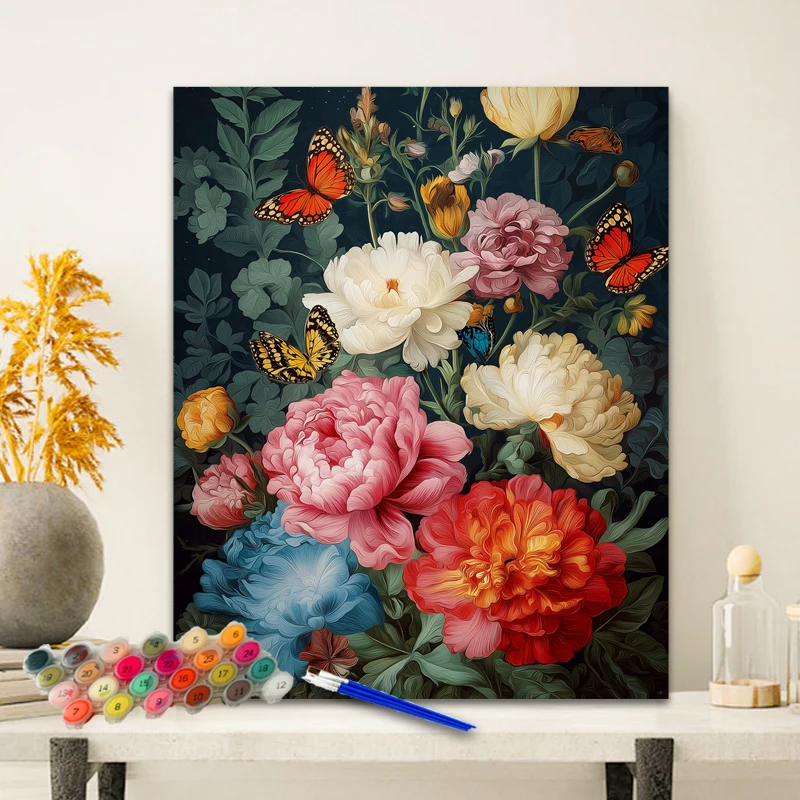 Painting By Numbers Peony and Butterfly Anniversary gift on Digital Painting Canvas Acrylic Paint Image Digital Coloring