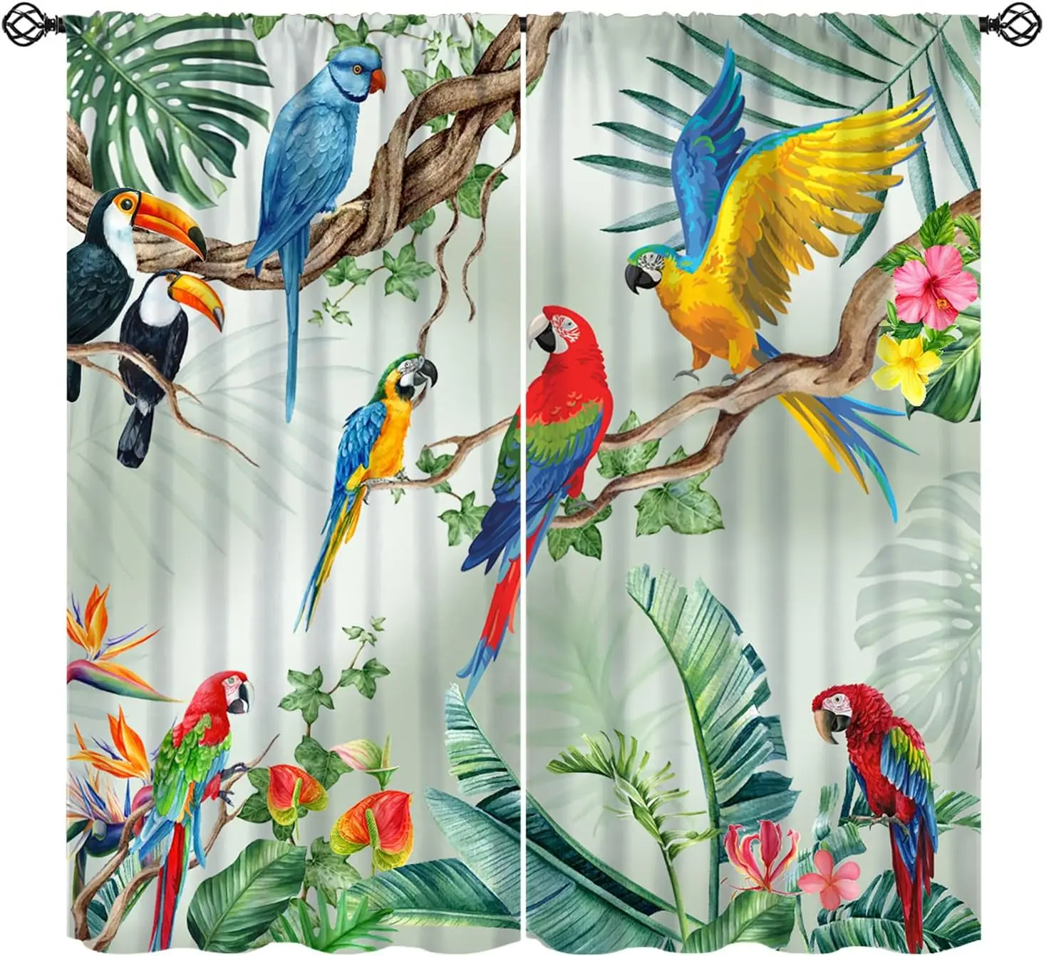 Tropical Birds Window Curtain, Parrot Toucan Leaves Spring Summer Bird Window Treatments for Bedroom Watercolor Floral Plant