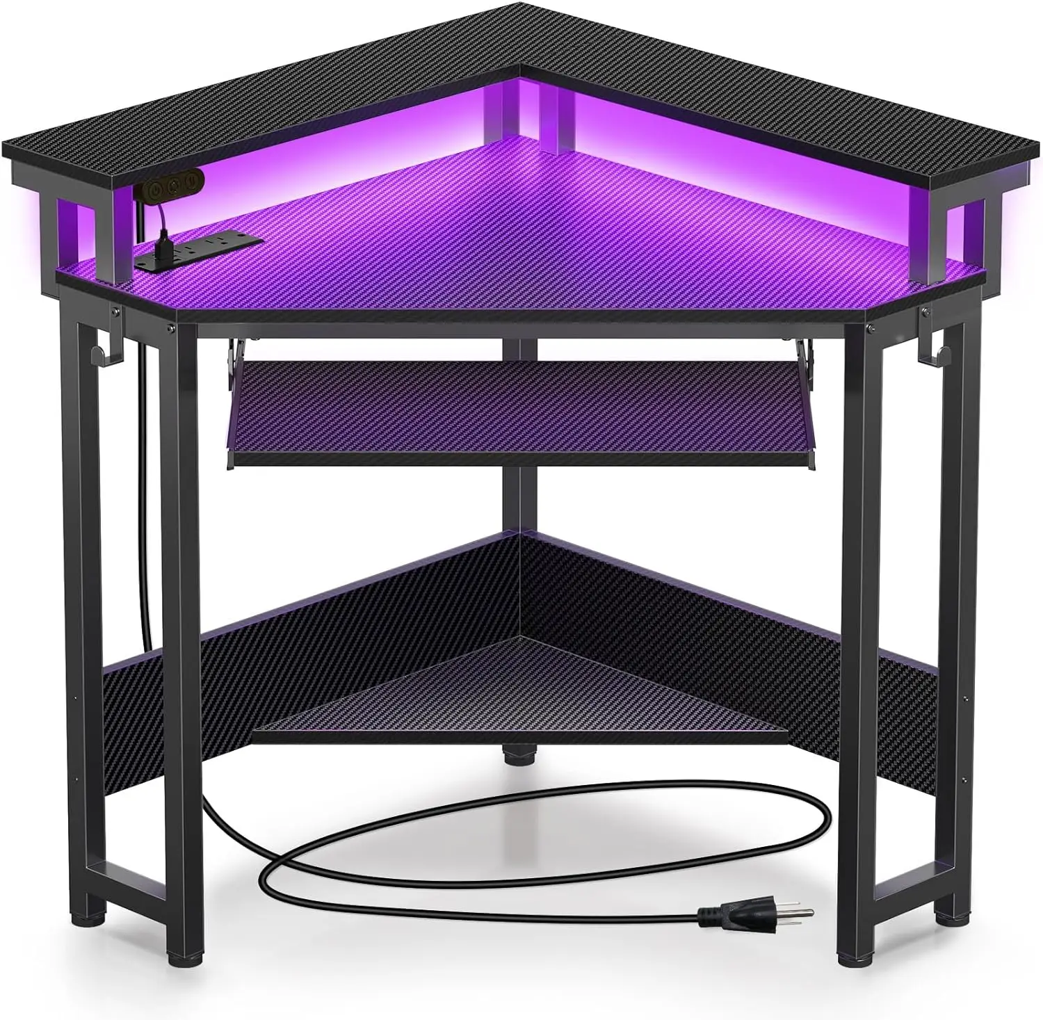 

Rolanstar Corner Desk, 44.5" W x 34.5" H Small Carbon Fiber Computer Desk with Power Outlets, LED Lights and Keyboard Tray, Smal