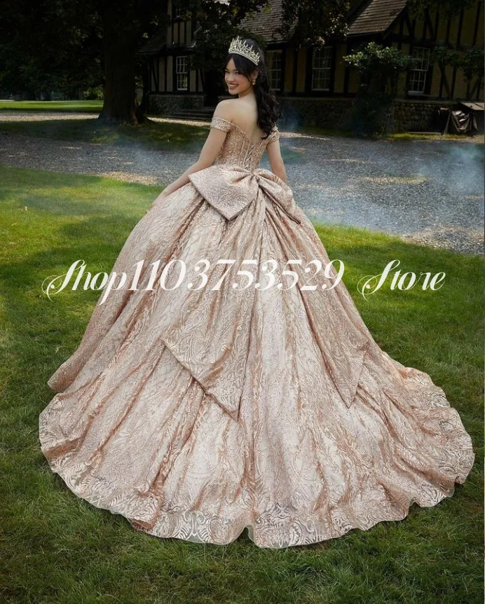 Champagne Princess Ball Gowns Quinceanera Dresses  One Shoulder Lace Appliqué Mexican Ruffle Glitter Inlay Sequins Bow Appliqués