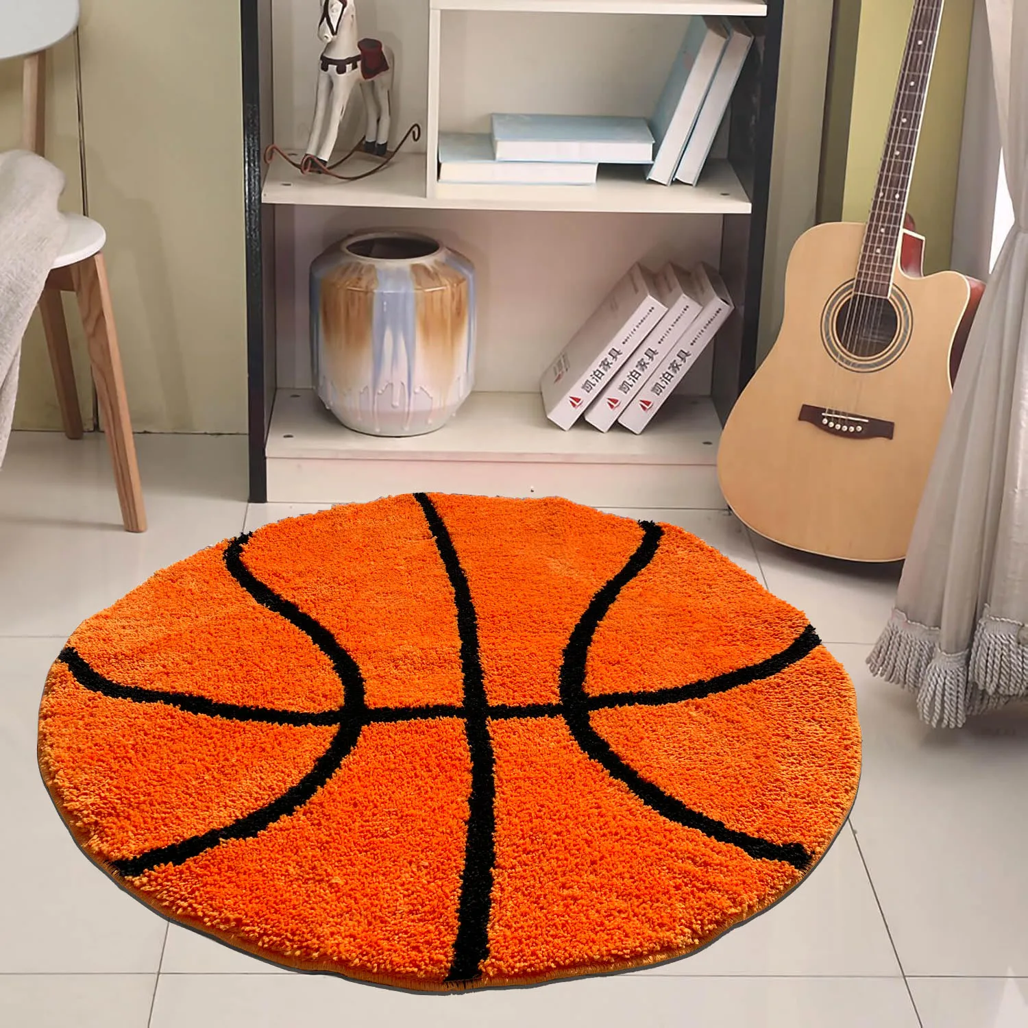 Knitted jacquard basketball orange round rug for sports enthusiasts, soft and comfortable round area rug with a sports