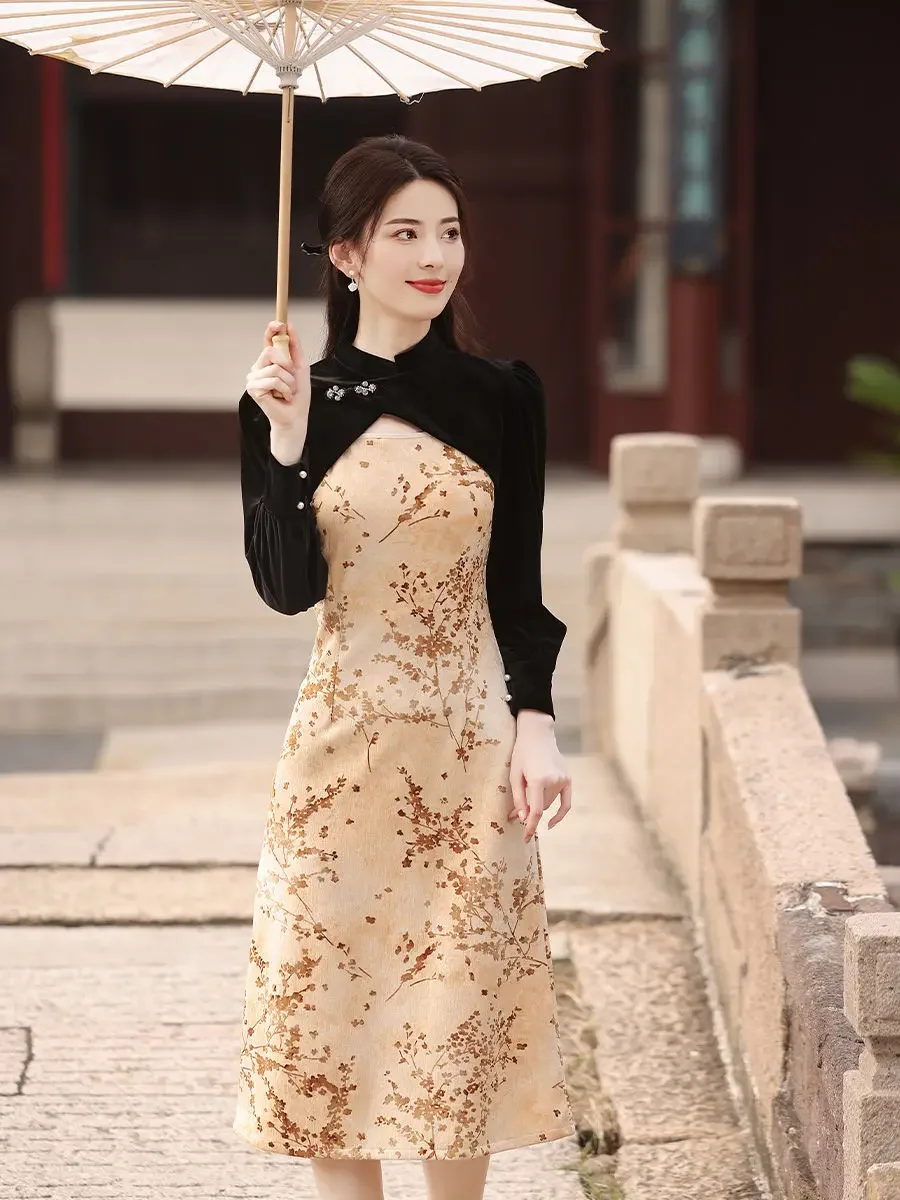 Women Yellow Plum Cheongsam 2 Piece Dress Vintage Velvet Long Sleeve Slim Dresses Slip Dress with Shawl Qipao One Set