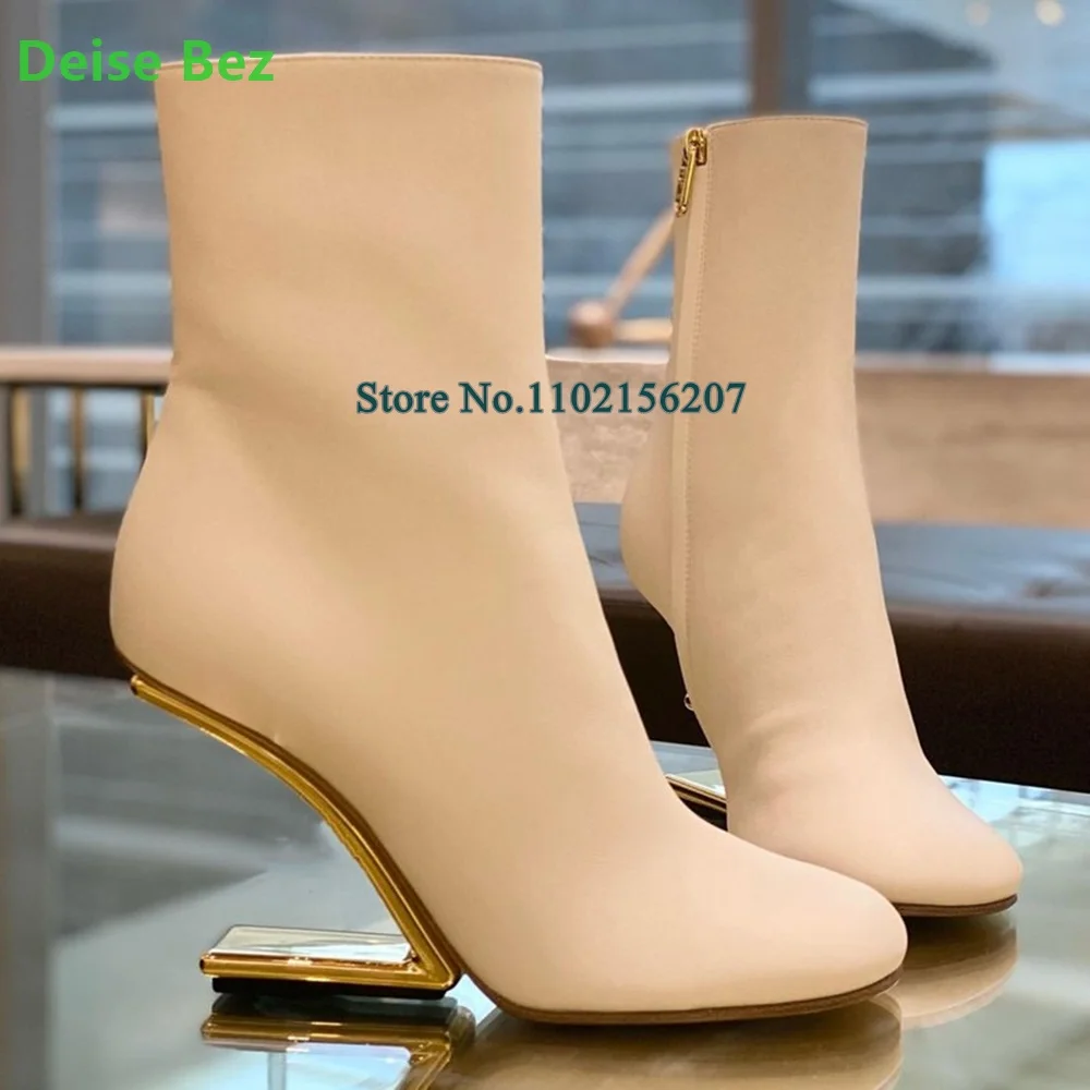 Metal Strange Heel Real Leather Boots For Female Women 2022 Winter Luxury Designer Side Zipper Round Toe Fashion Elegant Shoes