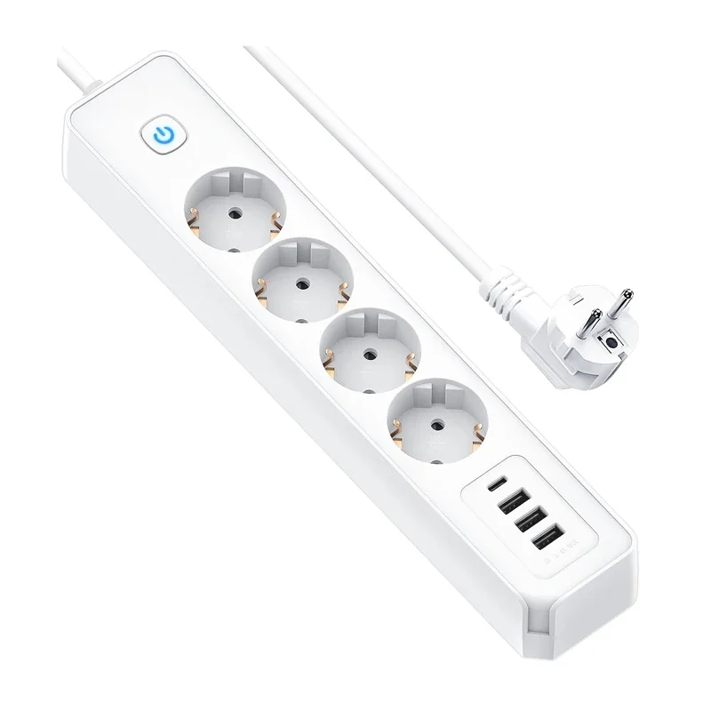 Power Strip EU Plug 3/4 AC Outlets Multitap Line Filter Socket 1.5M Extension Cord Electrical with USB Type C Network Adapter