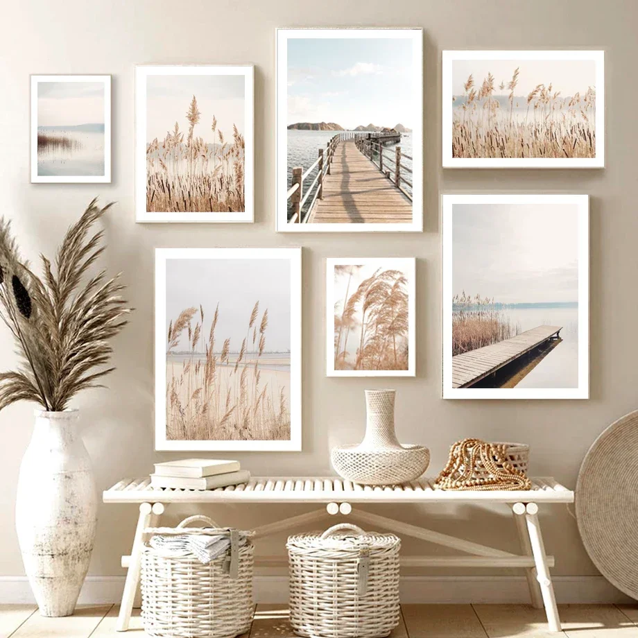 

Настенная картина с изображением бежевого озера, деревянного моста, осеннего пейзажа, постеры и принты в скандинавском стиле для украшения ...