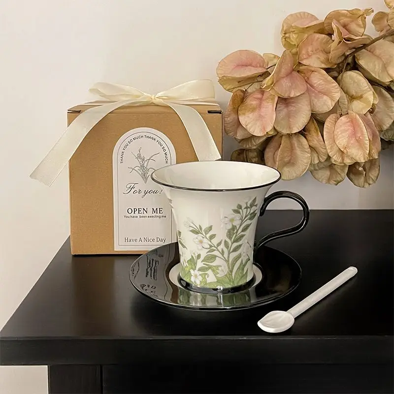 Mug American Retro Jasmine Delicate Hand Gift Ceramic Afternoon Tea Coffee Cup and Saucer High Appearance Level Simple
