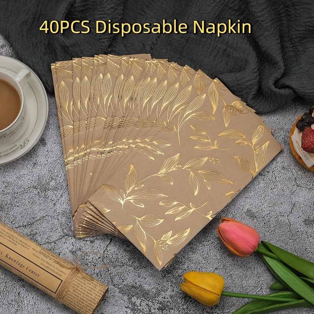 40Pcs Thickened Leaf Gold-embossed Disposable Napkin Coffee Hot Foil Stamped Table Napkin Paper Vintage Party Napkin Wedding