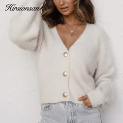 Hirsionsan Elegante Langarm Mohair Pullover Frauen 2023 Neue Single-Breasted Weibliche Kurze Strickjacke Weiche Flexible Strick Outwear