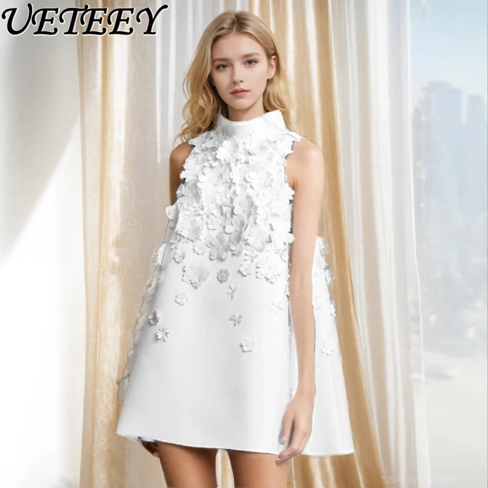 

French Temperament Mini Black Dress Chic Nail Drill Flower Design Sleeveless Vest Dress Lady Spring Summer New Commuter Vestidos