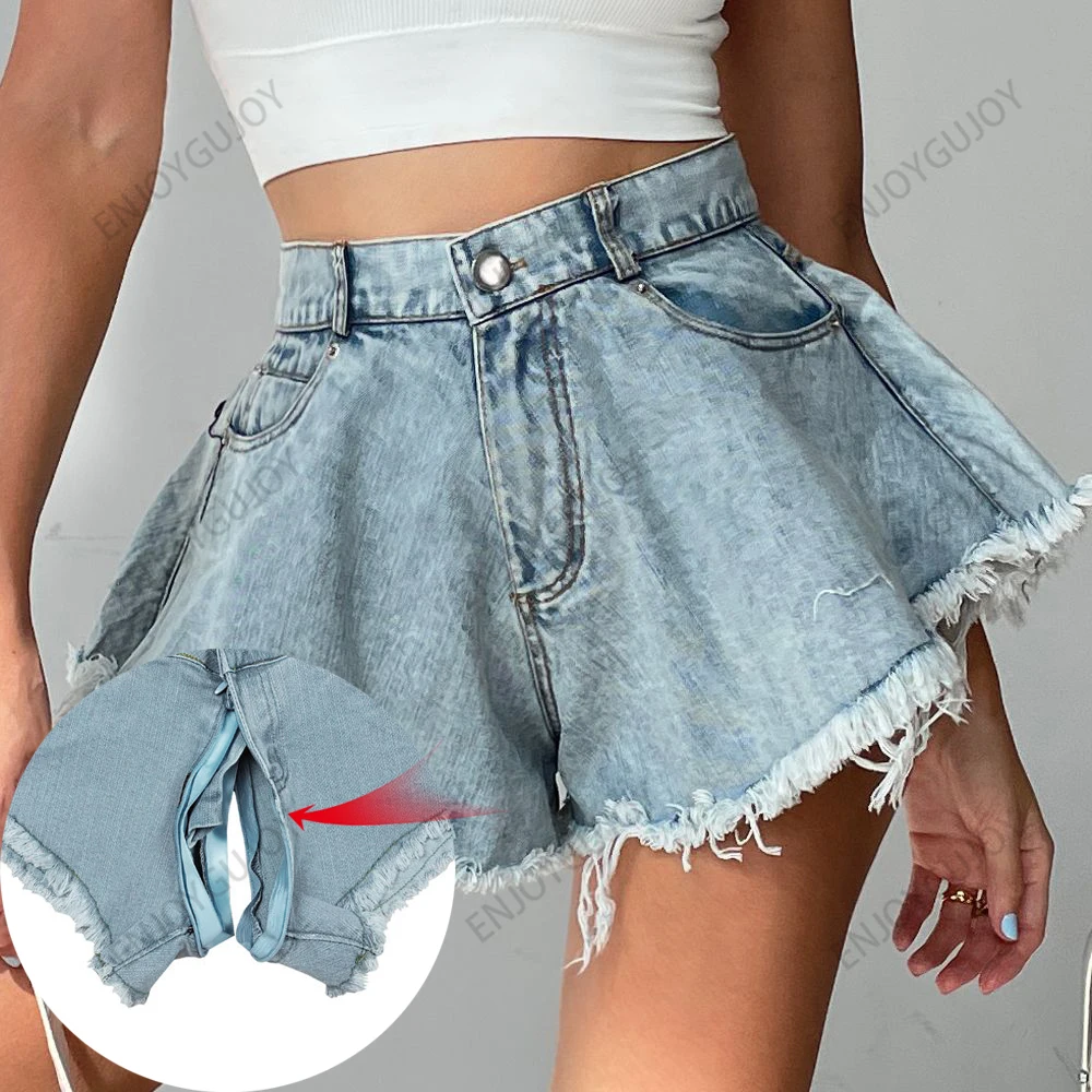 Invisible Open Crotch Pants Outdoor Sex Shorts Ripped Jeans Women High Waist Loose Boyfriend Vintage Nightclub Y2k Denim Large