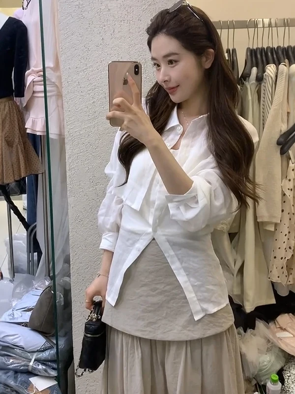 

Белая рубашка с бретельками, комплект из двух предметов, женский, весна-лето, новый корейский стиль, шикарный топ, повседневный, свободный крой, с длинным рукавом