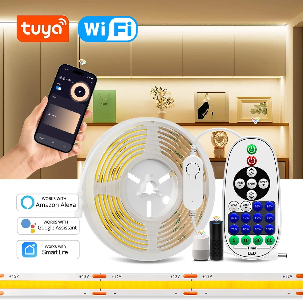 Tuya WiFi COB LED Strip Light 320 LED High Density Flexible FOB LED Light RA90 Warm Nature Cool White 12V Work With Alexa Google