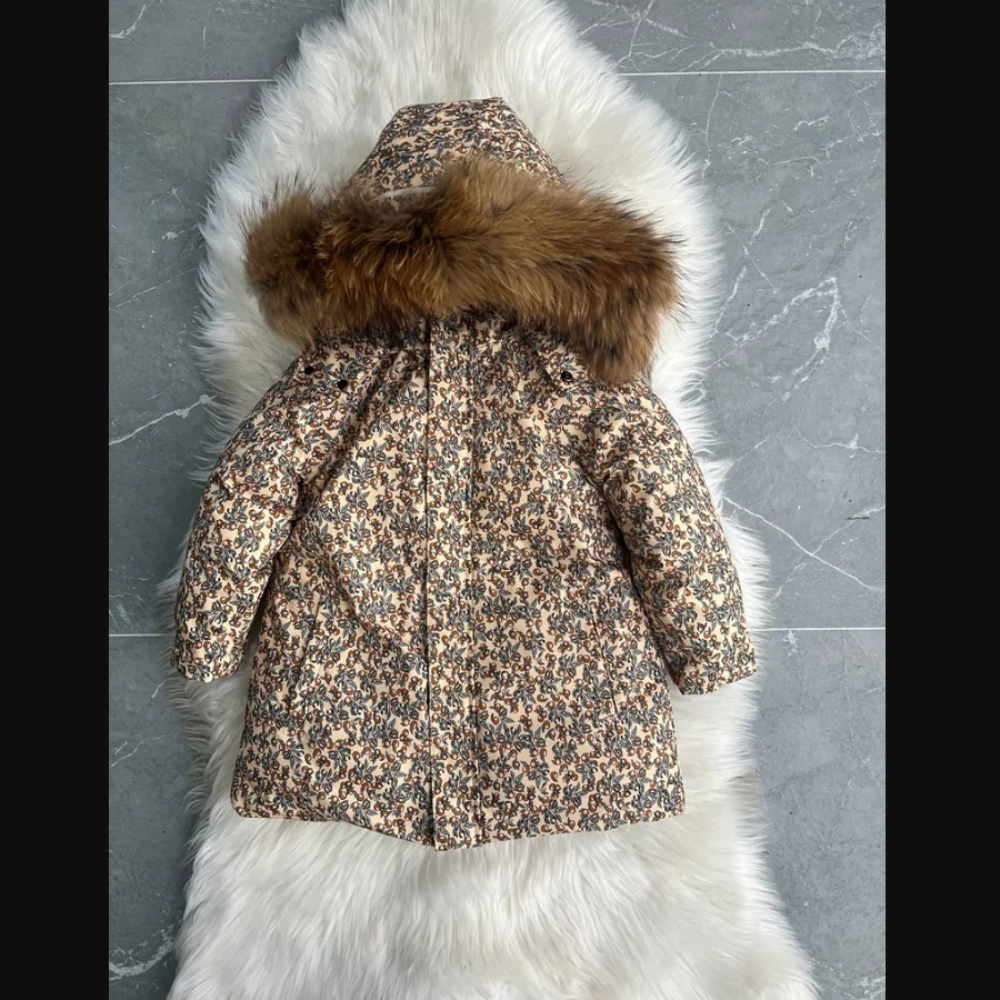 

Children's Down Jacket 2025 Winter New Printed Cartoon Warm Girl Hooded Jacket White Duck Down Thick Fur Collar Cotton Jacket