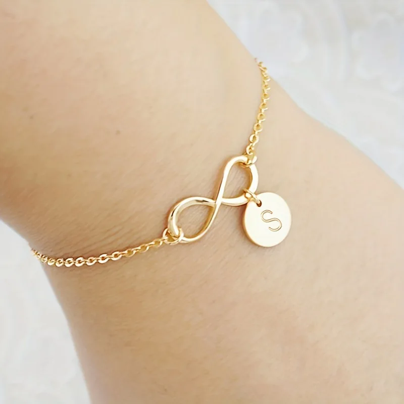 موضة نحت رسائل على قلادة مستديرة أساور النساء الرجال عرضية 8 إنفينيتي محظوظ ∞ رمز الذهب اللون سوار مجوهرات #4