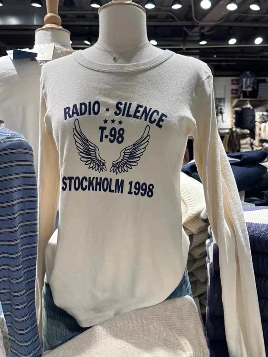 رسالة الجناح طباعة تي شيرت المرأة الخريف جديد س الرقبة القطن سليم كم طويل تيز الشارع الشهير شيك بسيط Vintage القمم الملابس