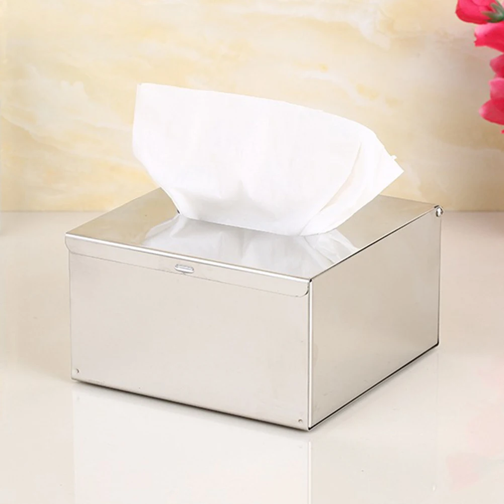 

Stainless Steel Tissue Box Holder Square Waterproof Dustproof Home Bathroom Storage Case For Kitchen Office Bedroom Use Silver