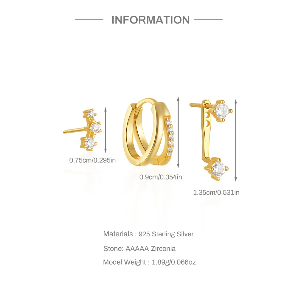 CANNER 3PCS Set Double-deck Zircon Minimalism 925 Sterling Silver Earrings For Women Ins Flower Stud Earrings Fine Jewelry Gift