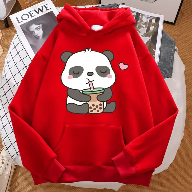 Pandas Love To Drink Pearl Milk Tea Printed Street Clothes Children's Hooded Sweatshirts Autumn/Winter Men's Round Pullovers