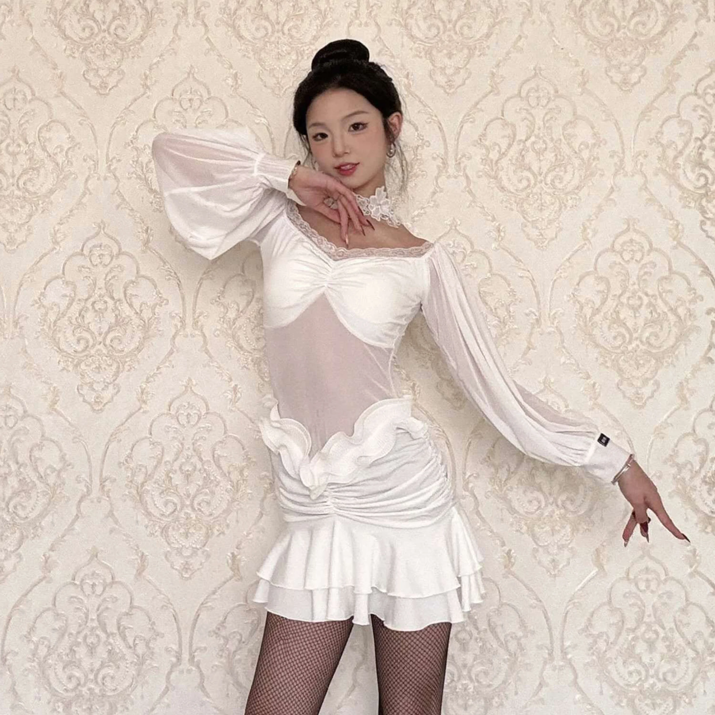 

Новое платье для латинских танцев, белое кружевное сетчатое платье с оборками, женское платье для выступлений, румба, ча-ча, танго, тренировочная одежда DNV26075