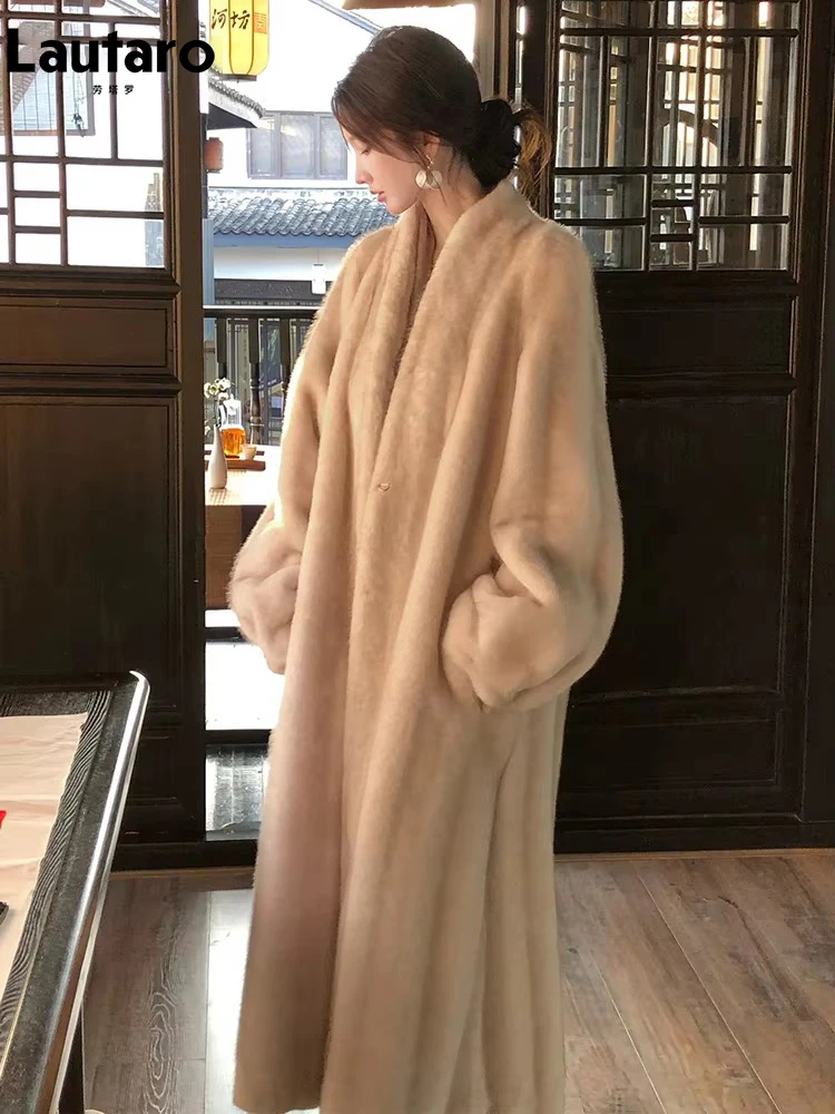 

Lautaro Autumn Winter Long Thick Warm Soft Faux Mink Fur Coat Women V Neck Puff Sleeve Elegant Luxury Chic Fluffy Overcoat 2025