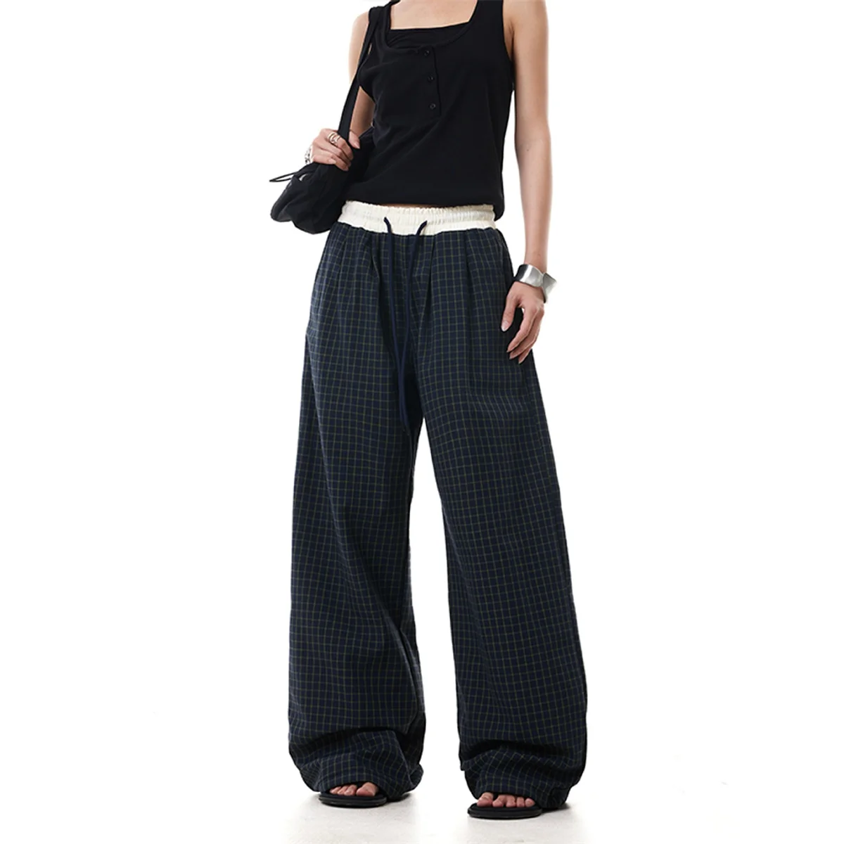 Moda feminina xadrez cordão calça outono primavera novo em calças retas perna larga cor bloqueada calças l ady casual streetwear