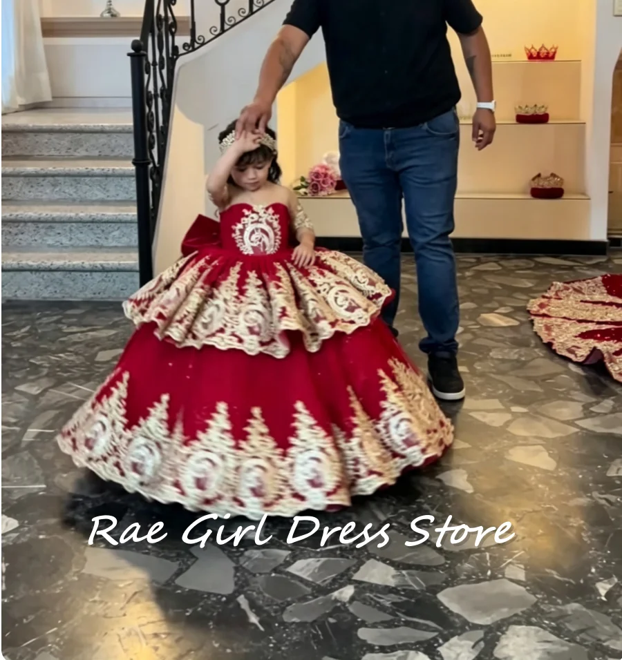 Burgundy Gold Lace Flower Girl Ball Gown Off Shoulder Half Sleeve Big Bow Back Tiered Floor‑Length Gowns With Long Train