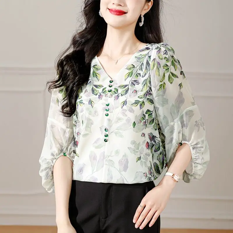 

Spring Summer Women's Chiffon Pullover Lantern Long Sleeve Plant&Flowers Printing V-Neck T-shirt Casual Sweet Office Lady Tops