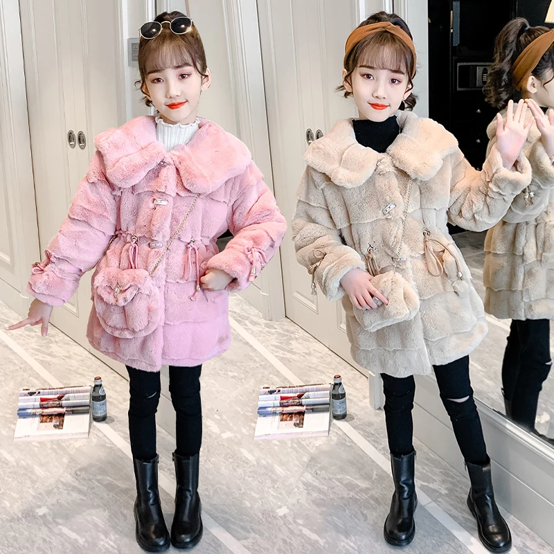 

Mink fur coat for children 2022 New luxury design Winter girl's imitation fur coat Big fur collar boy's fur integrated jacket