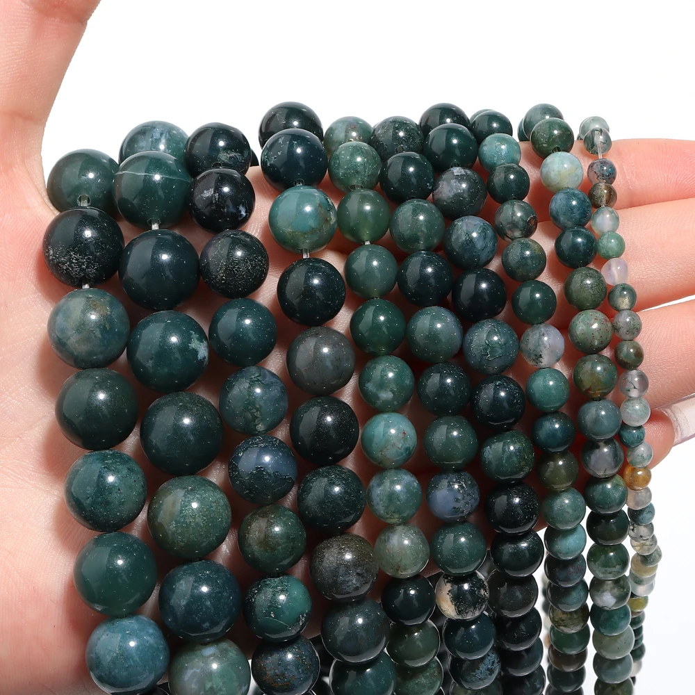 1 Strand Natural Stone Green Moss Agate Beads Round Genuine Stone Beading Loose Gemstone for DIY Charm Bracelet Necklace Earring