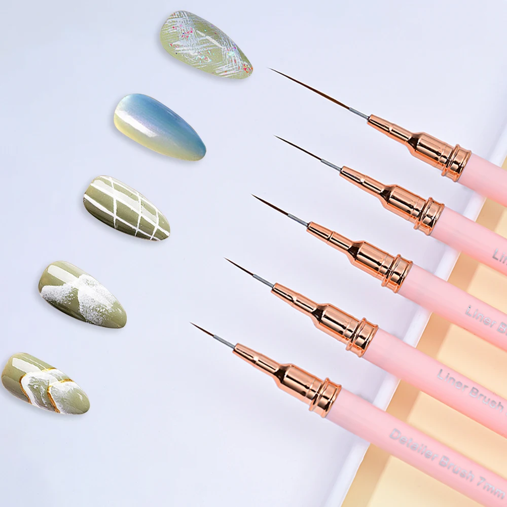 5Pcs/Set Pink Nail Art French Liner Brushes 7/9/11/15/25mm Wydłużone paski UVGel Drawing Pen Profesjonalne narzędzie do manicure z farbą