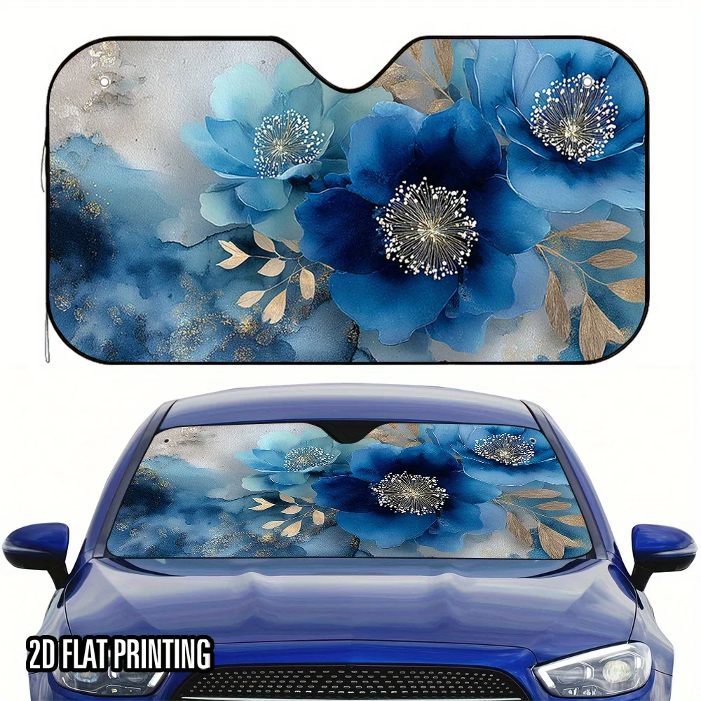 

1pc 2D Flat Blue Rhyme Flower Language Print Car Sunshade – Universal Fit Windshield Sun Visor, Stylish & Cool, Ideal For Blocki